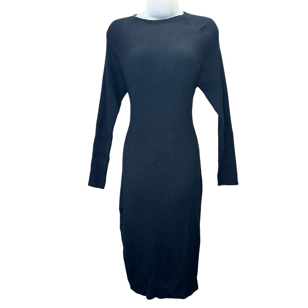 Short‎ Story San Francisco Black Ribbed Knit Midi Dress Long Sleeve Whimsical L
